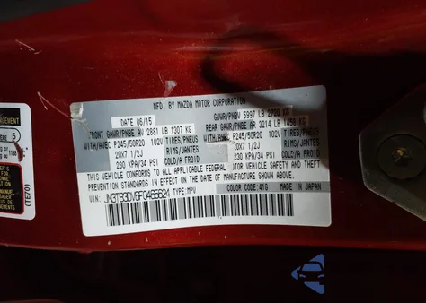 2015 Mazda Cx-9 Grand Touring из США, поврежденный, VIN JM3TB3DV6F0465624